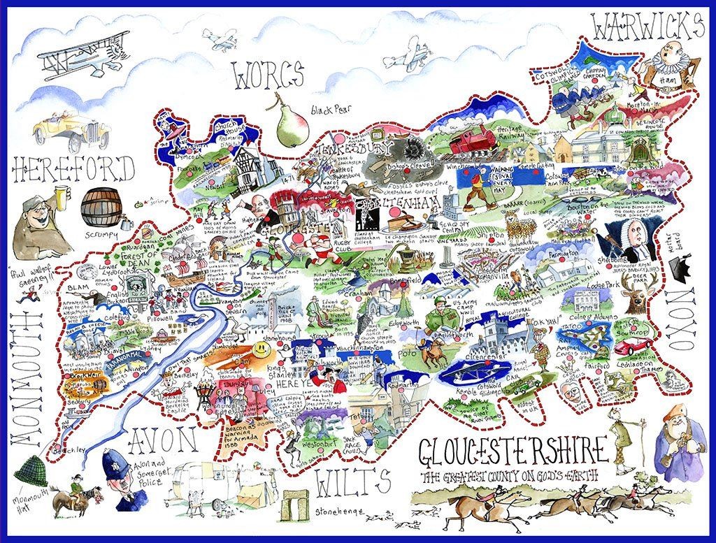 1000 Piece Jigsaw Puzzle Comical Map Of Gloucestershire, Artwork By Tim Bulmer