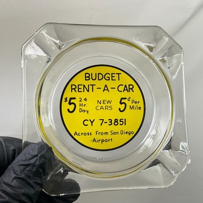 Vtg Ashtray BUDGET RENT-A-CAR San Diego Airport Clear Glass ACL Mid Century