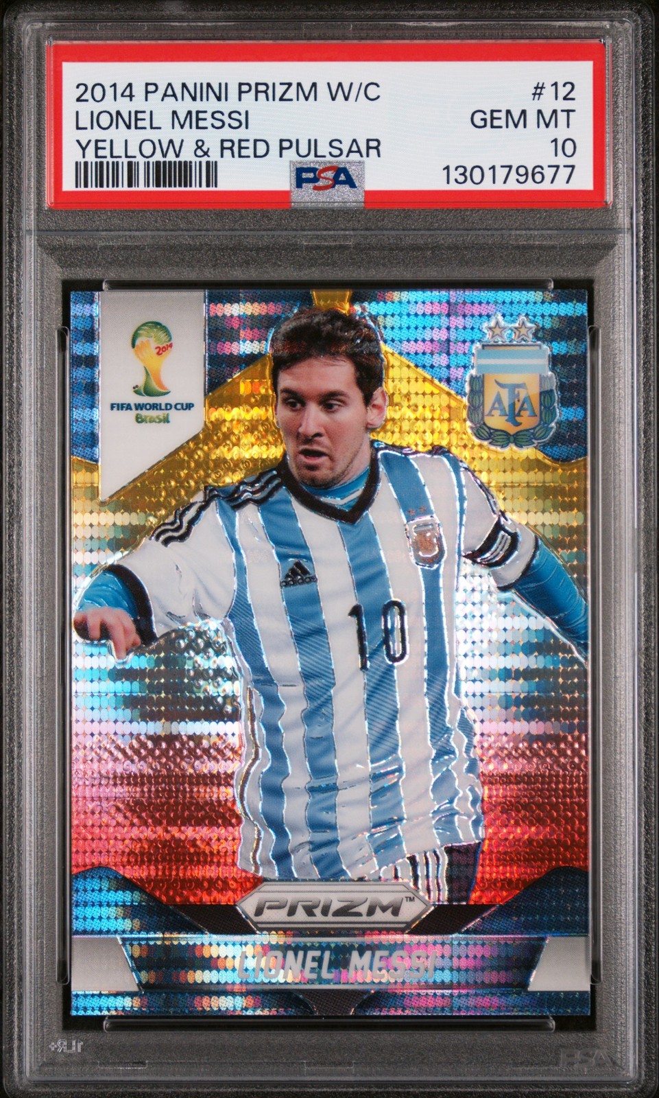 2014 PANINI PRIZM WORLD CUP YELLOW & RED PULSAR #12 LIONEL MESSI PSA 10