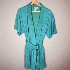 VTG 90s Terry Cloth Robe Teal Belted USA Loungewear Resort Spa Chic S/M Pockets
