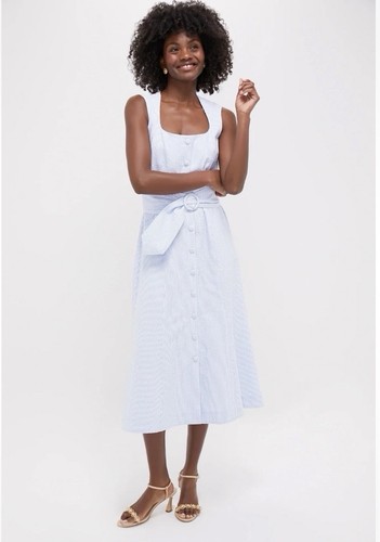 Tuckernuck Pomander Place Michele Tie Waist Belt Dress Seersucker Blue Stripe M