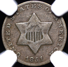 1851 THREE CENT SILVER NGC VG8 NICE AND NATURAL LIGHT COINSILVER GREY WELL SPENT