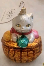 Christopher Radko 'Hello Peek-A-Boo' Cat in Basket of Yarn Glass Ornament w/Tag