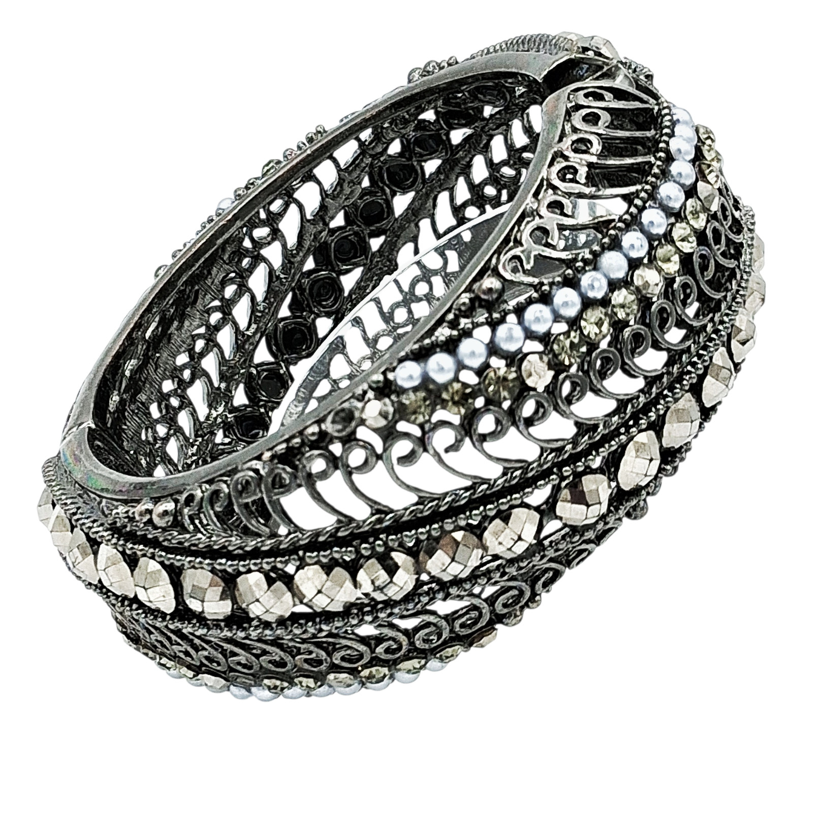 Vtg Style Gunmetal Clamper Bracelet Rhinestone Faux Pearl Filigree 7