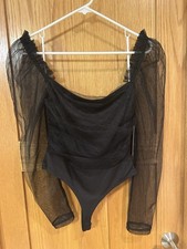 NEW Lulu  s Mesh Tulle Sheer Overlay Black Bodysuit Ruffle Trim Women's XS