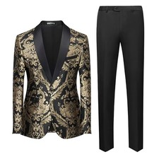 Men's Gold Jacquard Paisley Floral Tuxedo Blazer Formal Party Prom Wedding Suit