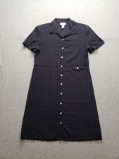 Talbots Women Shirt Dress 10 Black Short Sleeve Button Front Pockets Midi Casual