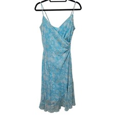 VTG Blue Floral Print Chiffon Wrap Dress Midi Size 4 Fairy Y2K Ethereal Dainty