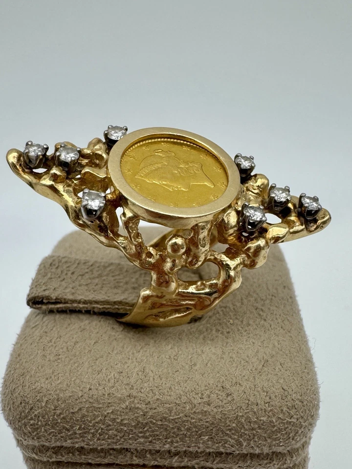 Vintage Unique One Dollar Gold Coin Ring 1850 Nugget Ring With Diamonds - Image 3 of 4