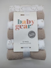 Baby Gear 12 Pack Washcloths White/Beige Stars/Moon/Clouds For Boys And Girls