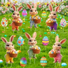 16 PCS Easter Yard Signs Outdoor Decorations - Easter Bunny Eggs Lawn Signs w...