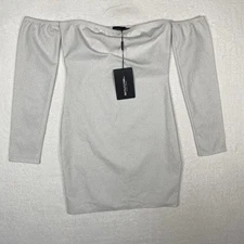 NWT Pretty little thing Off Shoulder Women's Sparkly Silver Mini Dress Cocktail
