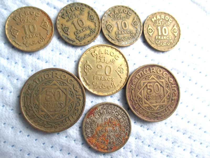 Morocco Coins 10 20 50 Francs & Silver 1953 100 Francs Coin 8 piece lot