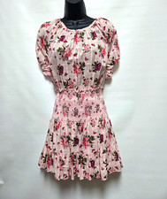 LoveShackFancy L Pink Floral Puff Sleeve Smocked Fit Flare Mini Dress Tie Back