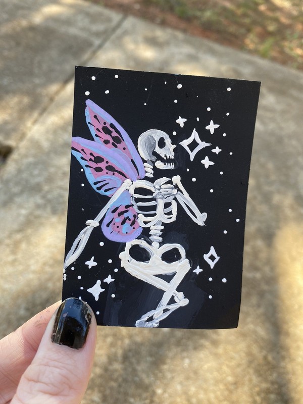 ACEO Mini Original Painting Skeleton Skull Fairy Butterfly Fantasy Art Card