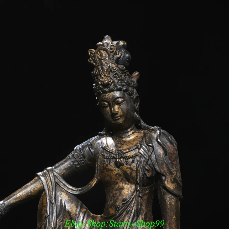 7.4" Old Dynasty Pure Bronze Gilt Kwan-yin Guan Yin Quanyin Bodhisattva Statue - Image 3 of 4