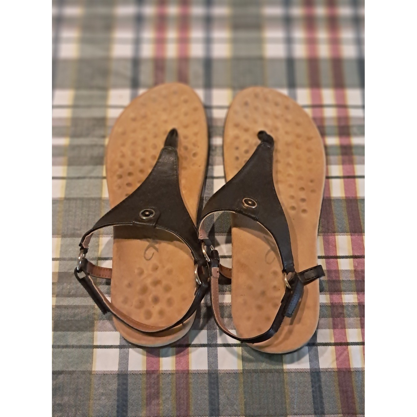 Athlefit Dark Brown Leather T-Strap Sandals with Tan Footbed Women's Size 8