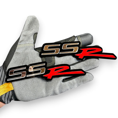(2) PAIR SSR Fender Tailgate Badges M.SILVER - RED ''R'' 3D Acrylic Racing Emblems