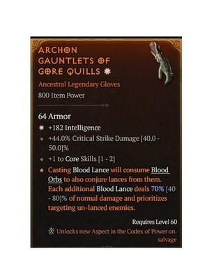 Diablo 4 Eternal Archon Gauntlets Of Gore Quills 1GA Legendary Gloves Gear Item
