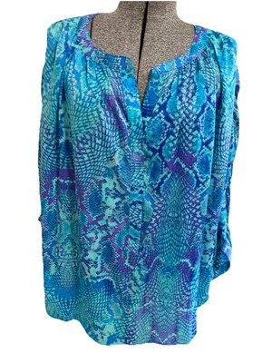 JLo By Jennifer Lopez Blouse Tunic Sz 0X Oversized Silky Blue Animal Print NEW
