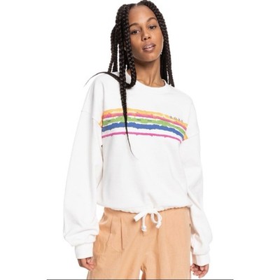 Roxy Cropped Rainbow Striped White Hoodie Stay Salty XL Drawstring Bottom 