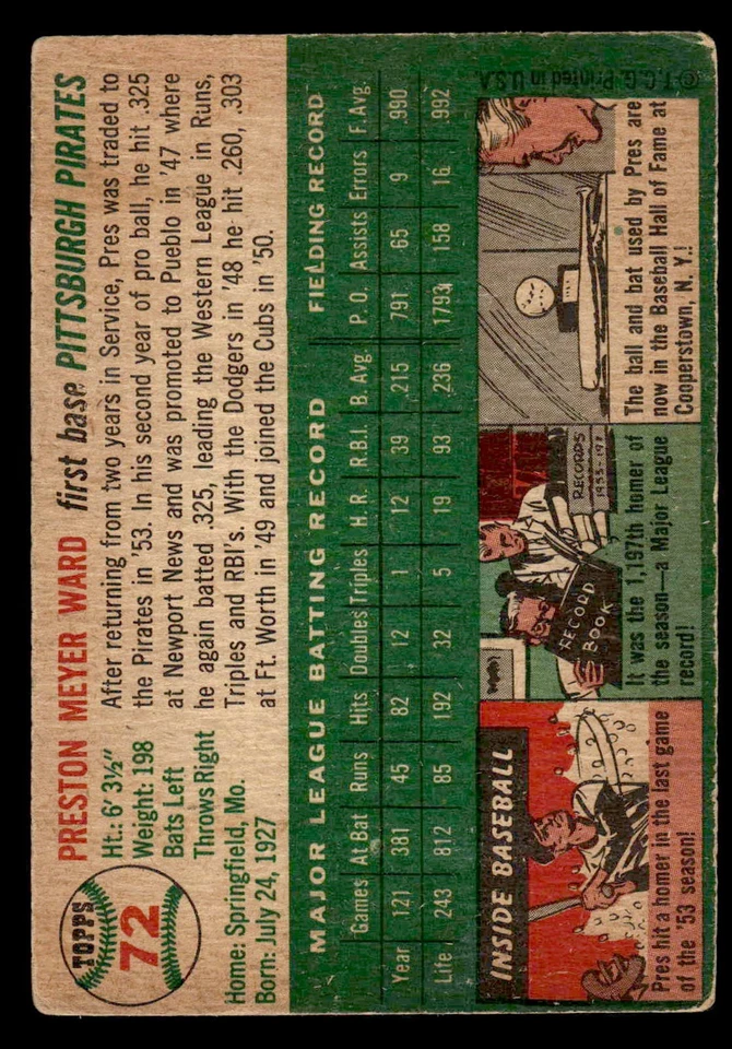 1954 Topps #72 Preston Ward - GD-VG *TedsCardShack* - Image 2 of 2