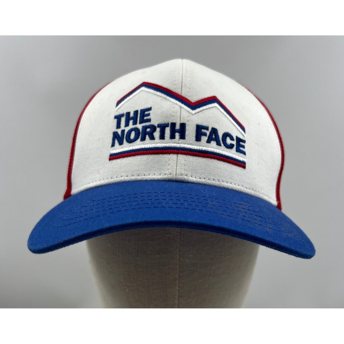 The North Face Hat Flexfit Trucker Red White Blue Mountain Logo 