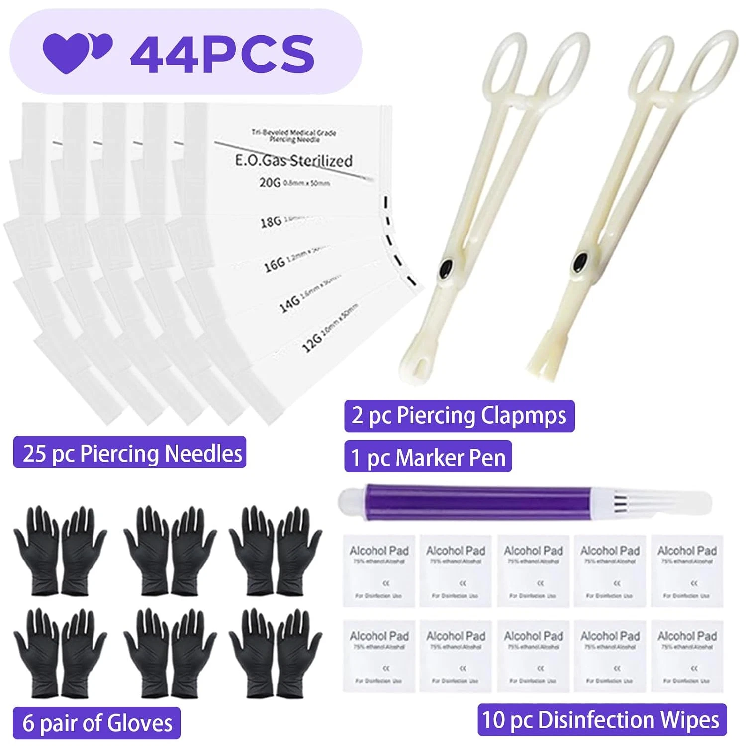 Piercing Kit 44Pcs -  Piercing Needle Kit with 20G 18G 16G 14G 12G image 3