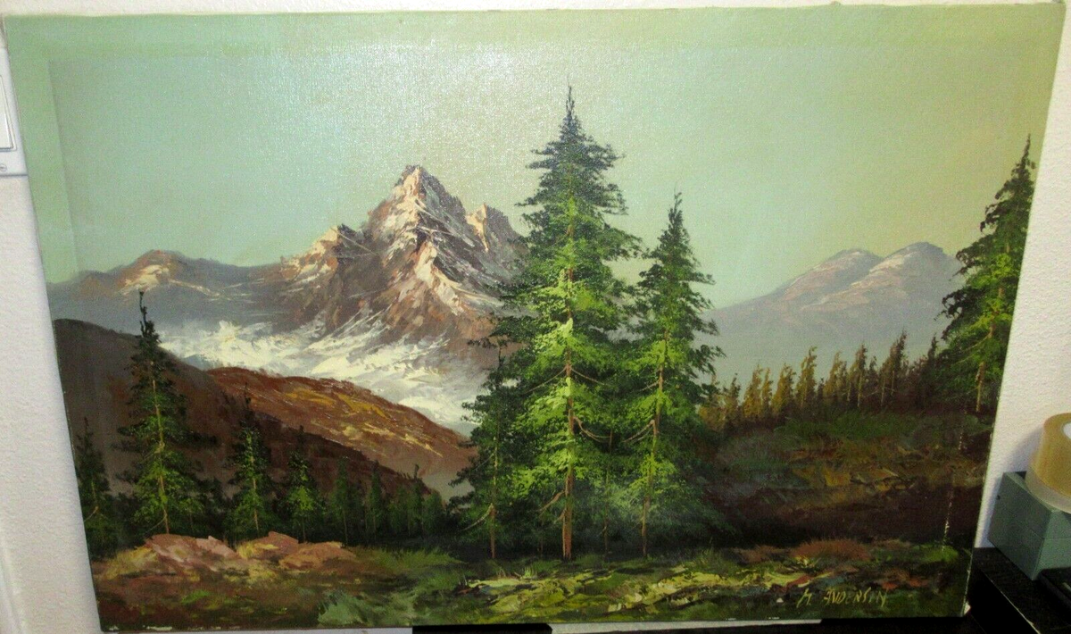 H ANDERSEN LARGE SNOW MOUNTAIN LANDSCAPE OIL ON CANVAS PAINTING