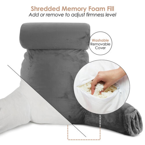 Large Foam Reading & TV Bed Rest Pillow +2 Neck & Lumbar Pillows, W/Pocket -Gray - Imagen 5 de 8