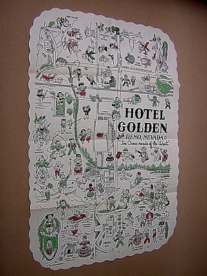 HOTEL GOLDEN. RENO. NEVADA. PAPIER-TISCHSET 1950. WERBUNG. GUTER ZUSTAND.