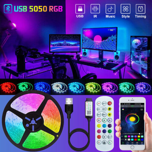 LED Strip Light  TV Backlight Room Bar 5050 RGB USB 1-100ft Music Sync Bluetooth - Zdjęcie 1 z 11