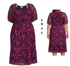 Terra & Sky Plus Size Smocked Mesh Dress - Roses - Pink Purple - 2X 20-22