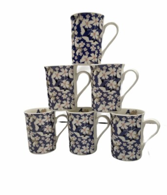 Fine Bone China 6er Set Blue Daisy Flower Tassen