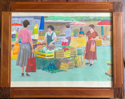 Gouache Painting Monogr. D.AN DAT. 88 Market Scene with Fruit Crates and Women