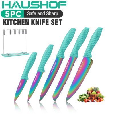 HAUSHOF Kitchen Knife Set 5PCS Green Rainbow Knife Sets Premium Steel Knives Set