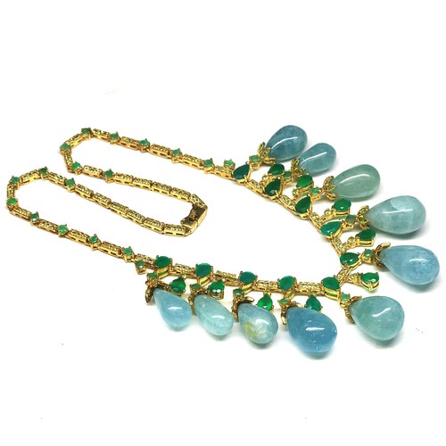 Gema Aqua Aguamarina Azul, Ágata Esmeralda & Peridoto Collar 17" 925 Plata - Imagen 4 de 5