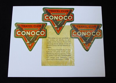 Original 1930 s Conoco Travel Club Decals   Eagle Logo   Set Of 3 Unused