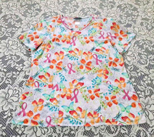 Cherokee Scrub Top Size XL 3 Pocket Multicolor Floral Breast Cancer Awareness