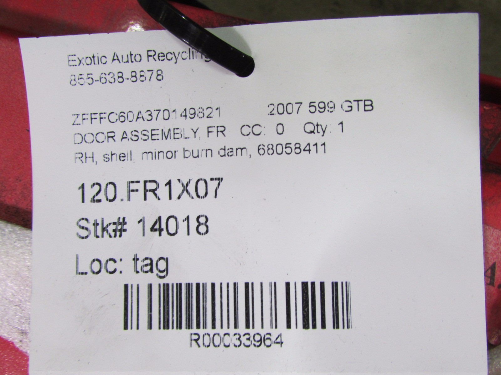 Ferrari 599 GTB, RH, Right Door Shell, Used, Burned, P/N 68058411