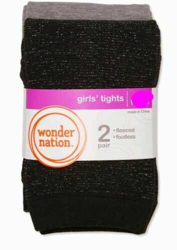 Wonder Nation 2 pairs Girls Black &amp; Grey Fleeced Footless Tights Sizes S,M,L