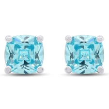 Solitaire Stud Earrings Cushion Shape Simulated Aquamarine in Sterling Silver