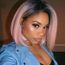 Peluca bob de pelo corto liso rosa ombre sintética sin encaje disfraces fiesta diaria