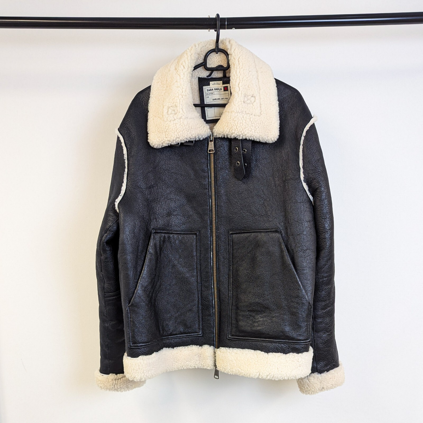 ZARA SRPLS 100percent Leather Shearling Jacket LARGE black aviator bomber edition L 42 image 2
