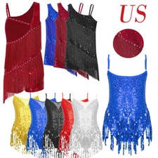 Girls Ballet Ballroom Samba Dress Dancewear Sequins Fringe Latin Dance Dress