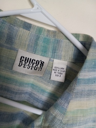 CHICO’S Women’s 100% Linen Striped Shacket Jacket Waist Sz 2 Button* - Picture 2 of 4