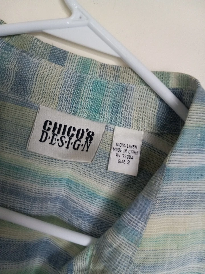 CHICO’S Women’s 100% Linen Striped Shacket Jacket Waist Sz 2 Button* - Image 2 of 4