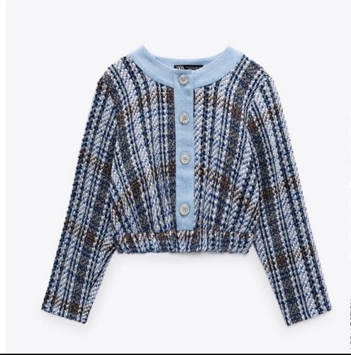 ZARA BLUE TWEED CROP CARDIGAN GOLD BUTTONS PLAID SIZE EXTRA SMALL | eBay