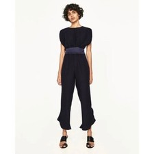 Zara Women's Navy Frilled Leg Sash Waist Sleeveless Jumpsuit