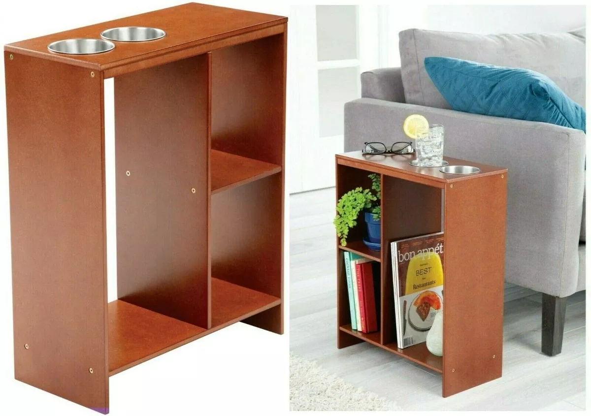 Slim end table with drink holder built in Shelve Nightstand Wood